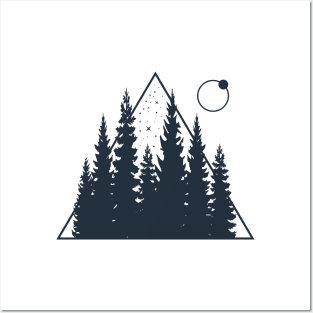 Pine Trees, Moon. Creative Illustration. Geometric, Line Art Style Posters and Art